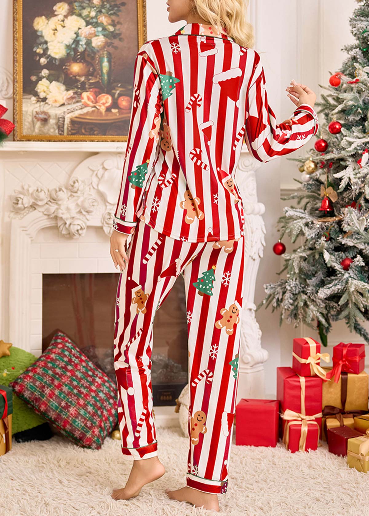 Red loungewear,Christmas loungewear,Christmas Red Turn Down Collar Lounge Top and Pants