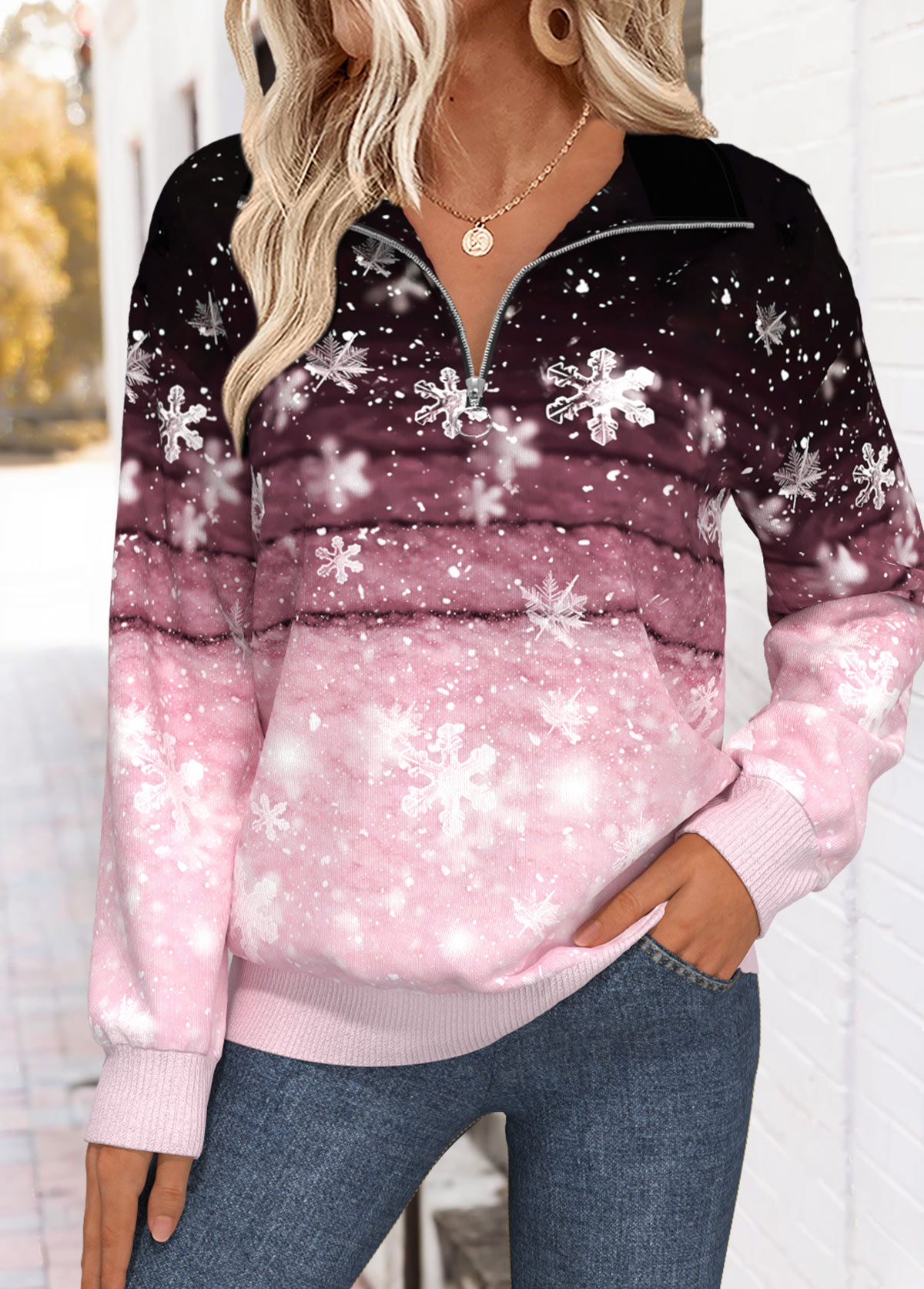Pink tops,Christmas tops,ROTITA Tummy Coverage Snowflake Print Pink Turn Down Collar Sweatshirt