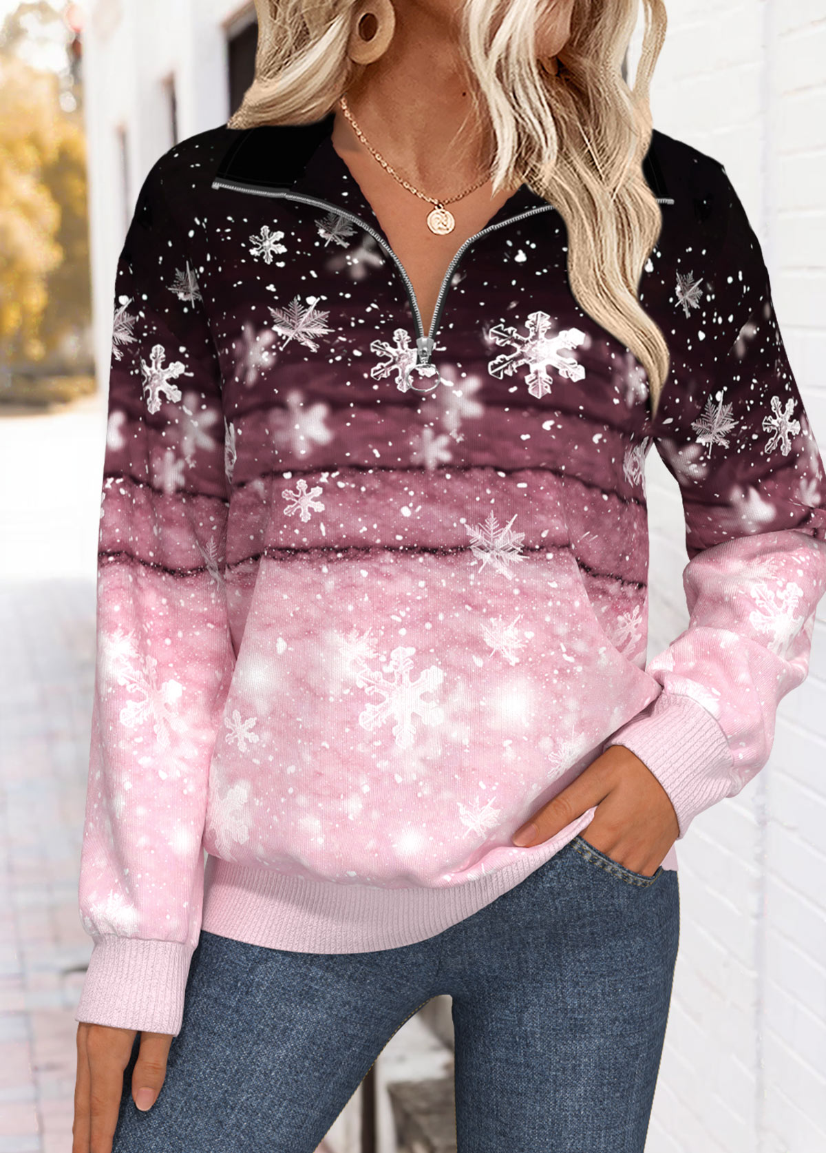 Pink tops,Christmas tops,ROTITA Tummy Coverage Snowflake Print Pink Turn Down Collar Sweatshirt