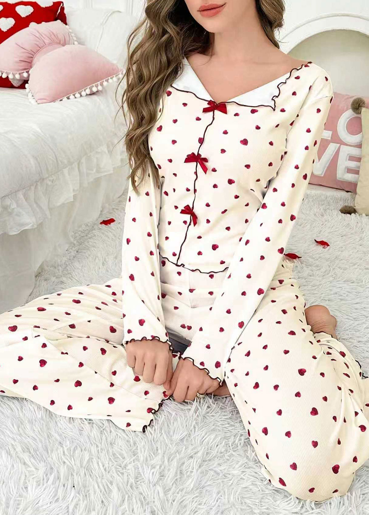 Beige loungewear,Heart loungewear,Heart Print Beige Long Sleeve Lounge Top and Pants