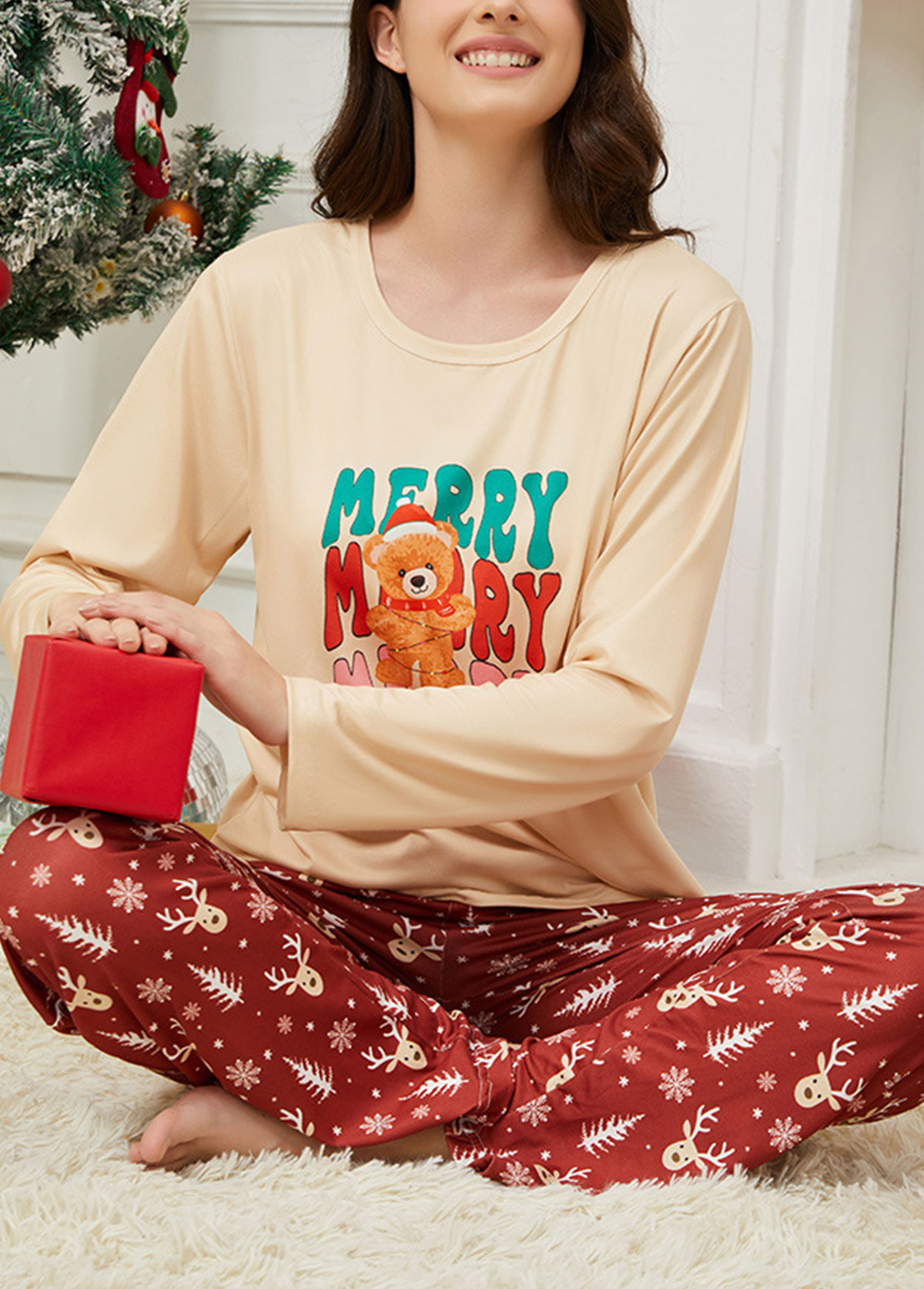 Deep Red loungewear,Christmas loungewear,Christmas Deep Red Round Neck Lounge Top and Pants