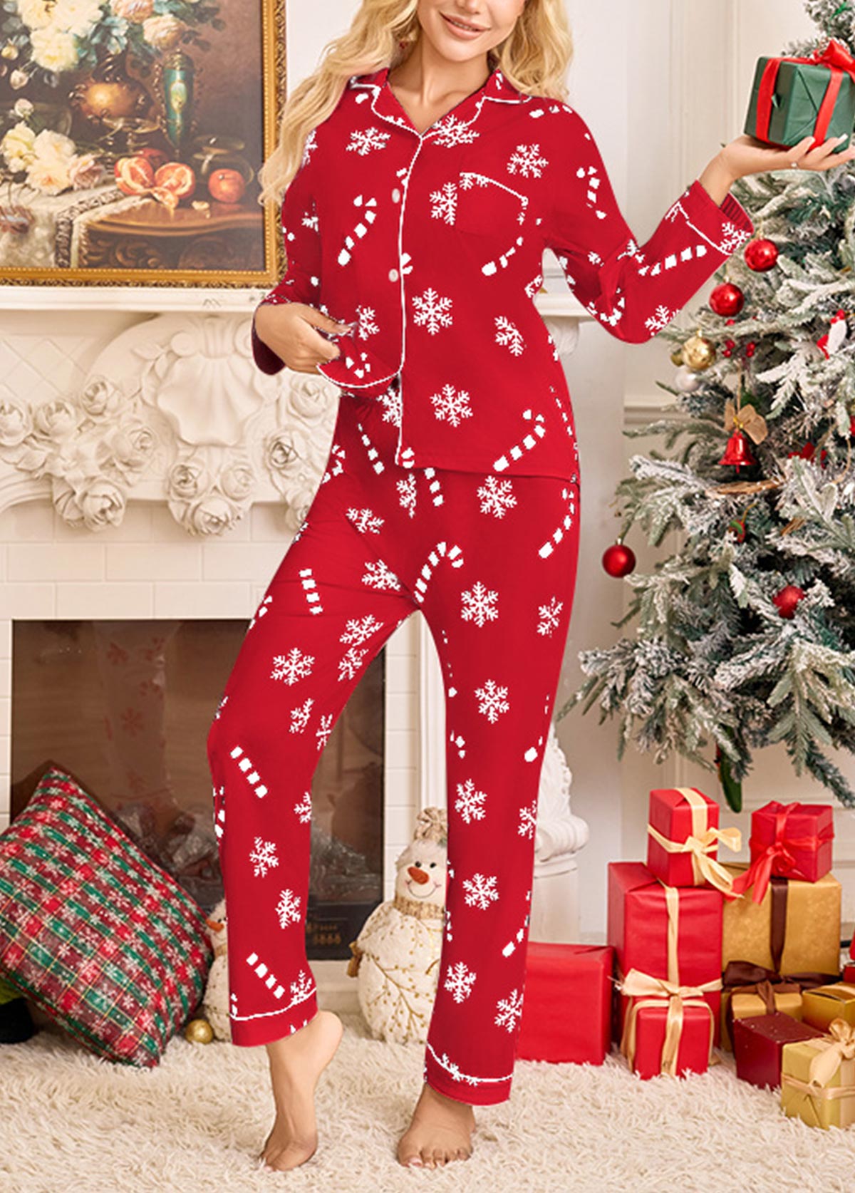 Red loungewear,Christmas loungewear,Christmas Snowflake Print Red Lounge Top and Pants