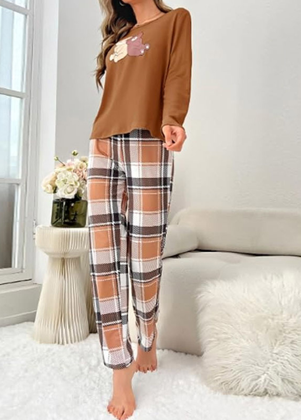 Dark Camel loungewear,Plaid loungewear,Geometric loungewear,Plaid Dark Camel Round Neck Lounge Top and Pants