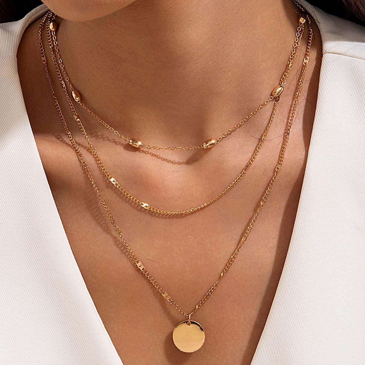 Golden jewelry,Geometric jewelry,Round Golden Layered Design Alloy Necklace