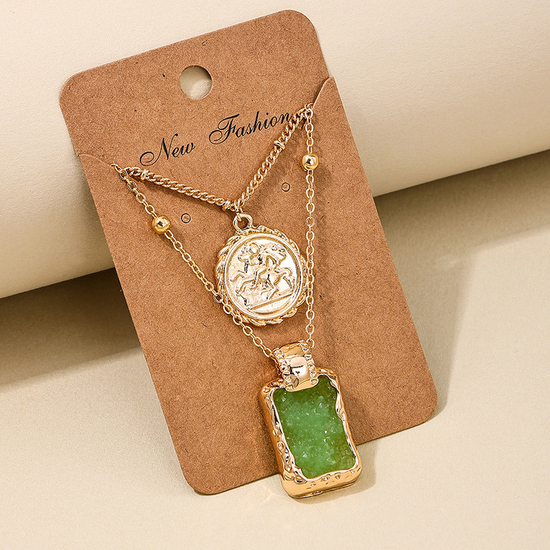 Grass Green jewelry,Geometric jewelry,Square Grass Green Alloy Layered Necklace