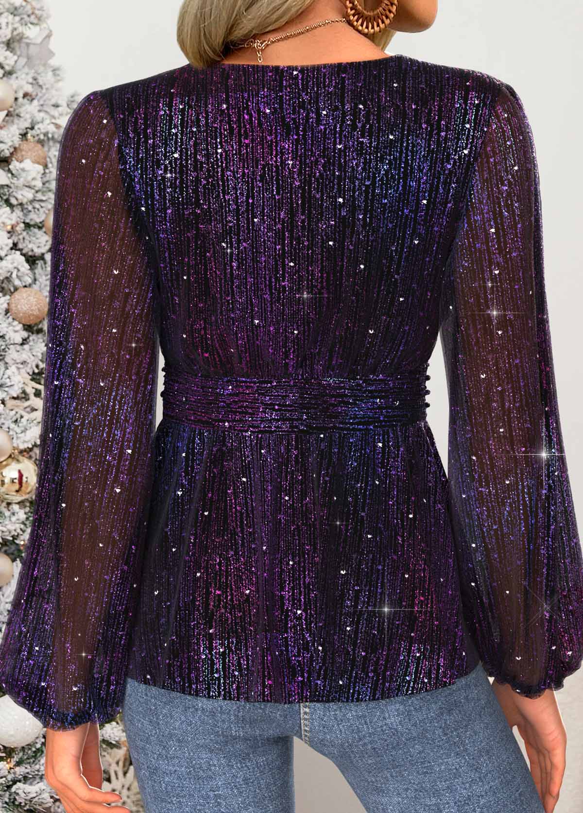 Multi Color tops,Plain Color tops,ROTITA Tummy Coverage Multi Color V Neck Long Sleeve Blouse