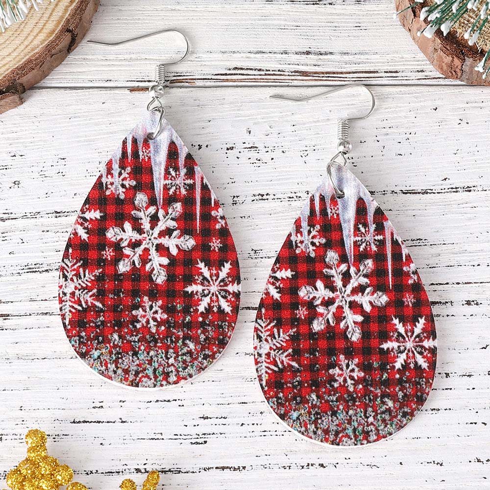 Wine Red jewelry,Plaid jewelry,Geometric jewelry,Striped jewelry,Christmas Droplet Wine Red Faux Leather Earrings