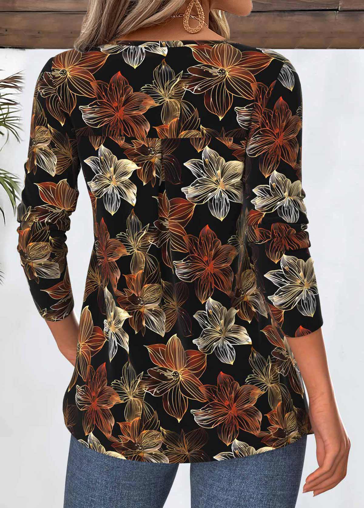 Black tops,Floral tops,Plants tops,ROTITA Tummy Coverage Floral Print Black Split Neck T Shirt