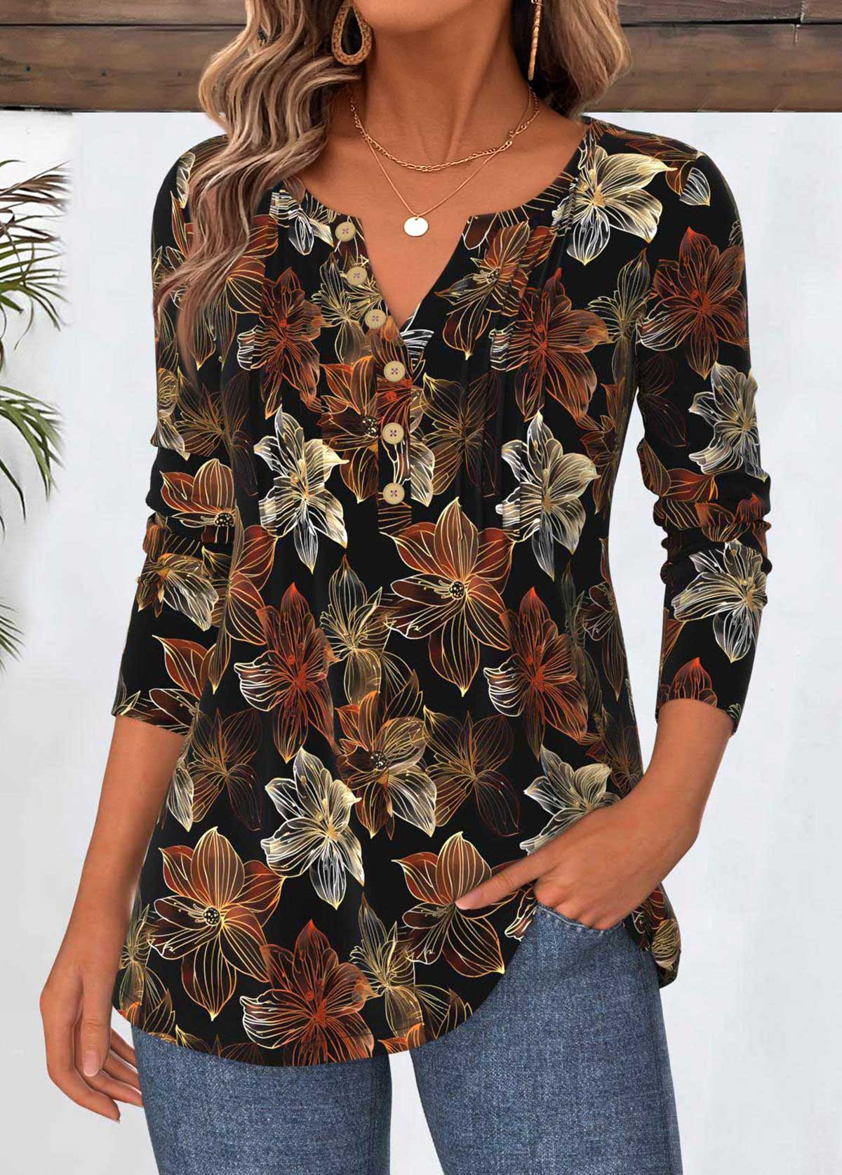 Black tops,Floral tops,Plants tops,ROTITA Tummy Coverage Floral Print Black Split Neck T Shirt