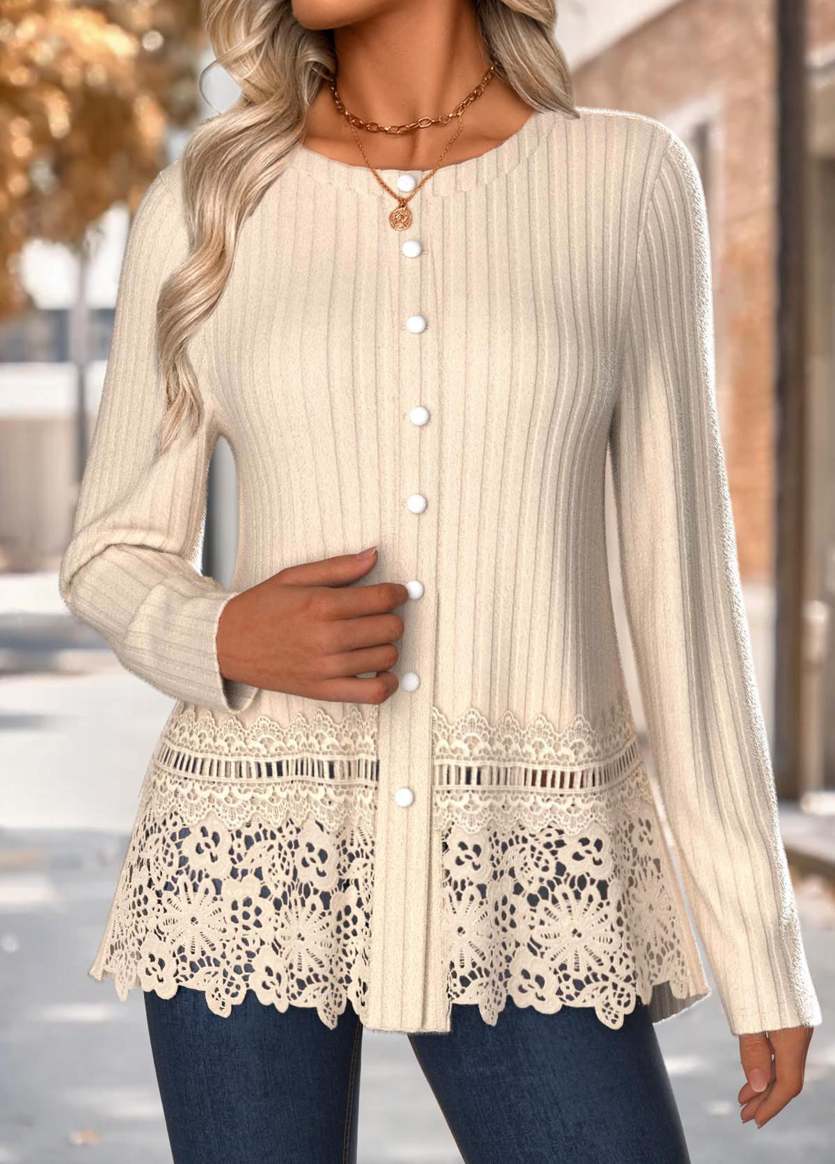 Beige tops,Plain Color tops,ROTITA Tummy Coverage Beige Round Neck Long Sleeve T Shirt