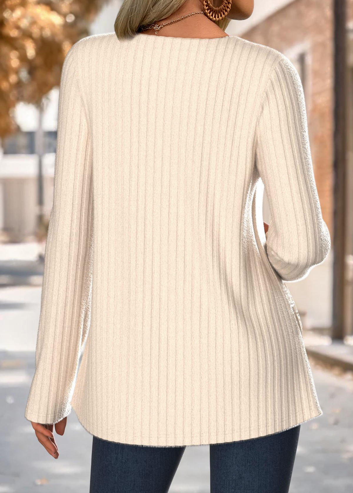 Beige tops,Plain Color tops,ROTITA Tummy Coverage Beige Round Neck Long Sleeve T Shirt