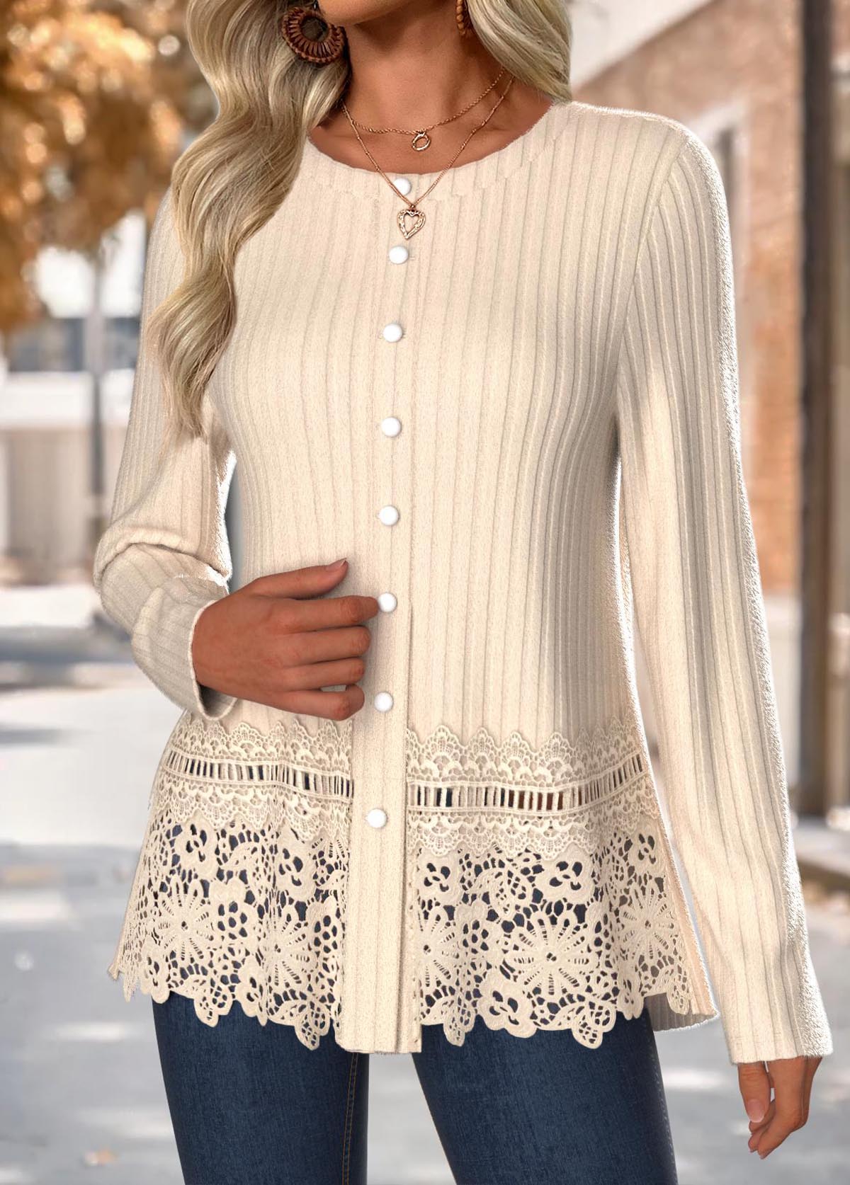 Beige tops,Plain Color tops,ROTITA Tummy Coverage Beige Round Neck Long Sleeve T Shirt