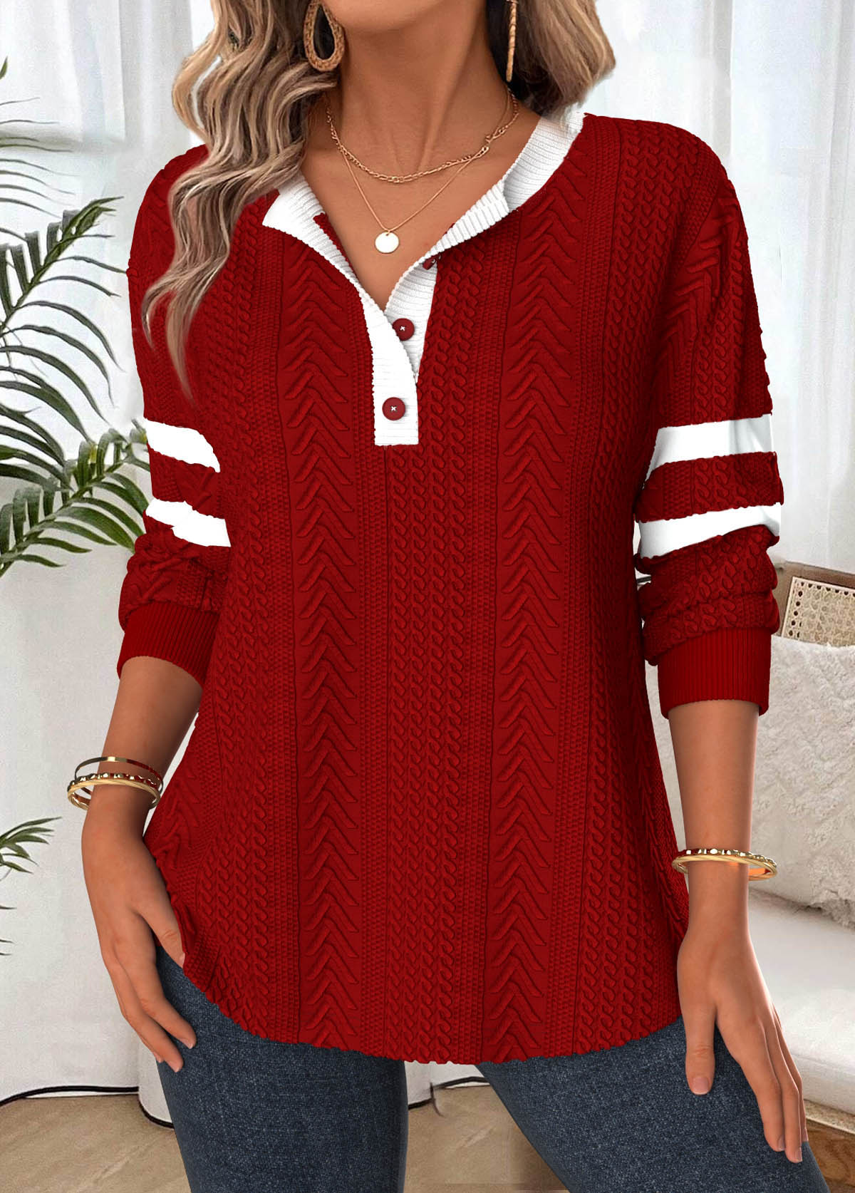 Deep Red tops,Contrast Color tops,ROTITA Tummy Coverage Deep Red Split Neck Long Sleeve Sweatshirt