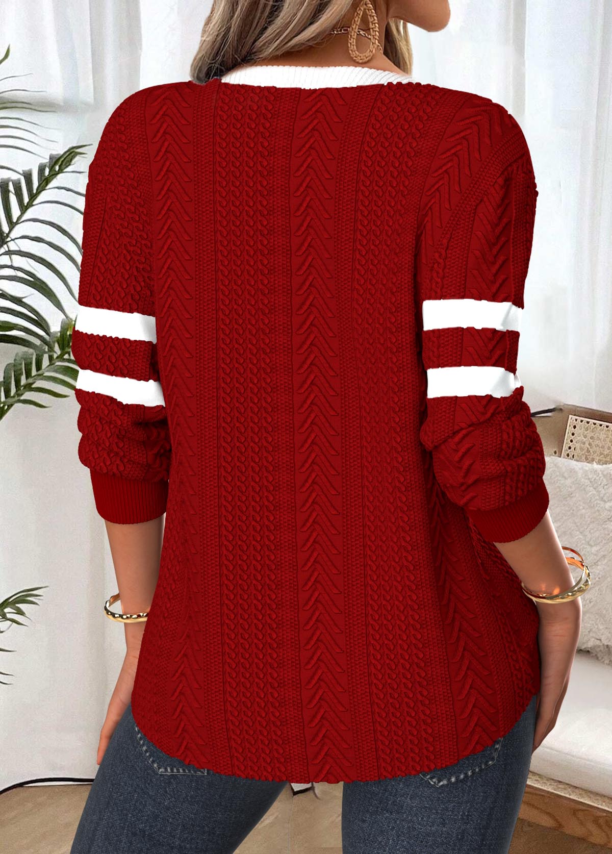 Deep Red tops,Contrast Color tops,ROTITA Tummy Coverage Deep Red Split Neck Long Sleeve Sweatshirt