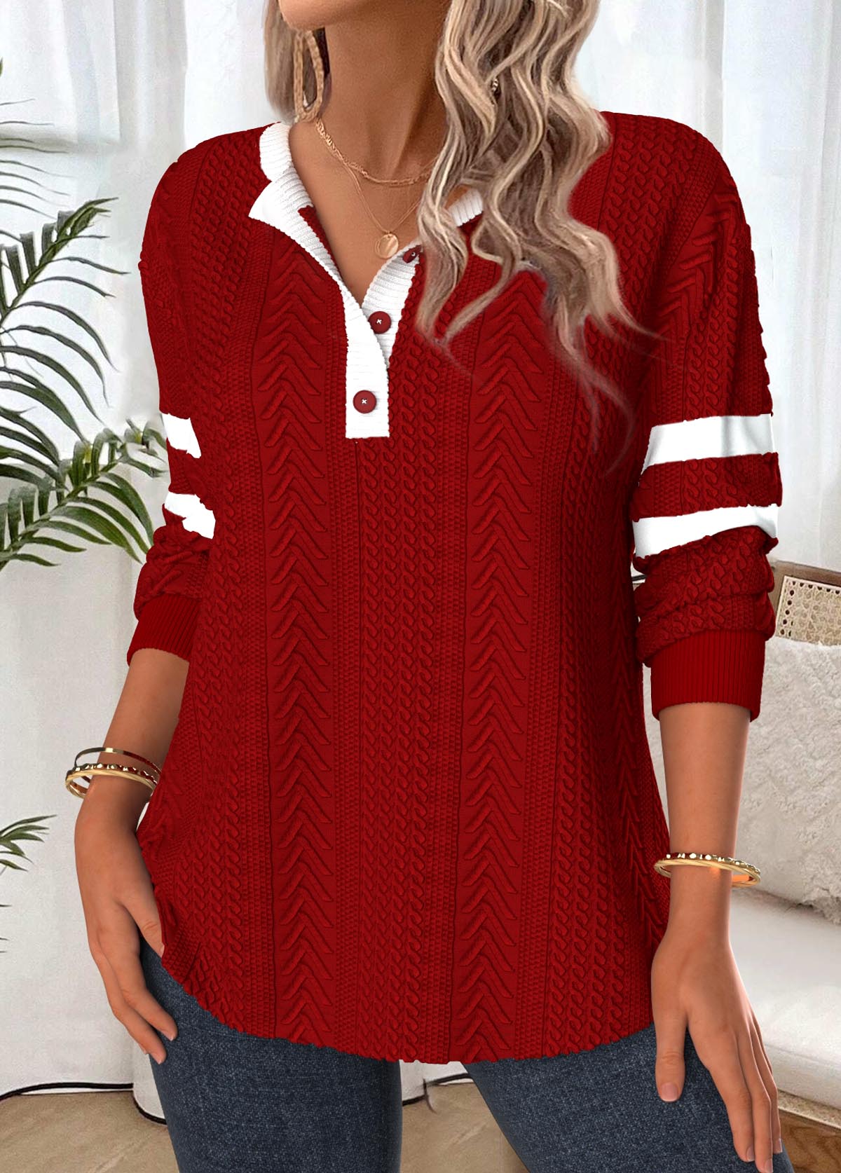 Deep Red tops,Contrast Color tops,ROTITA Tummy Coverage Deep Red Split Neck Long Sleeve Sweatshirt