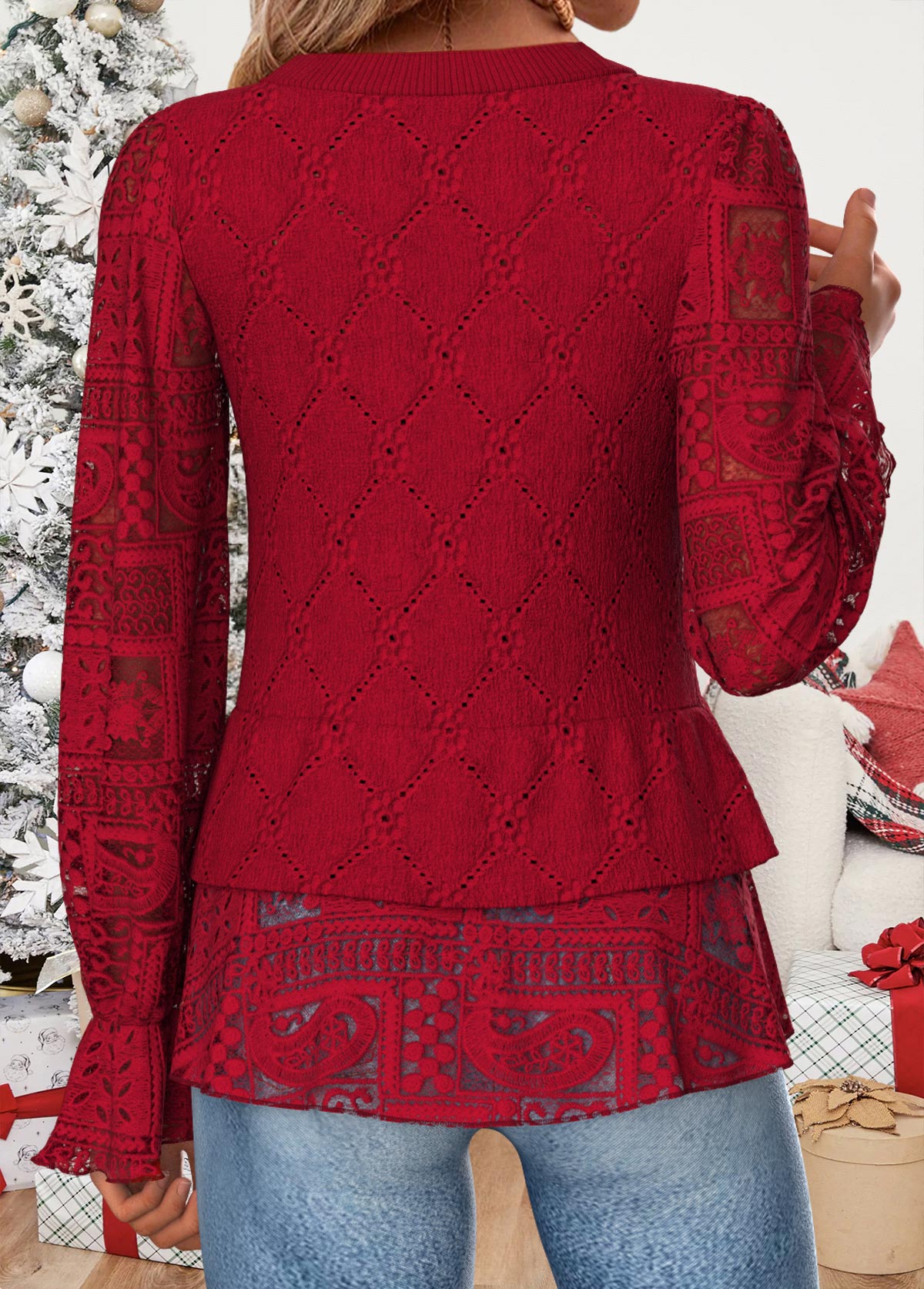 Red tops,Plain Color tops,ROTITA Patchwork Red Round Neck Long Sleeve Blouse