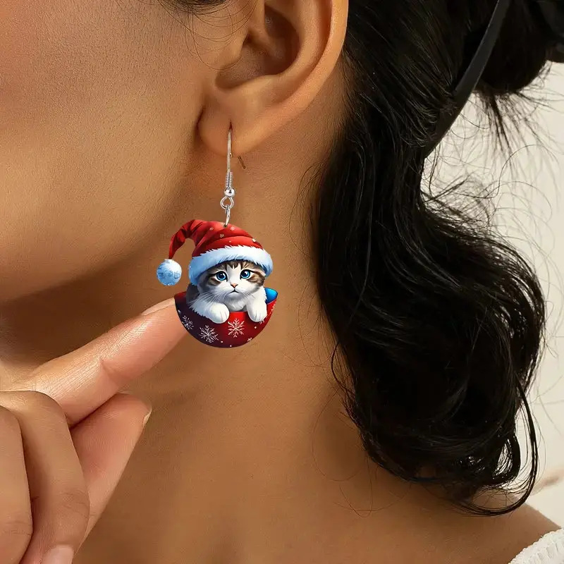Red jewelry,Animal Print jewelry,Christmas Red Kitten Acrylic Snowflake Earrings