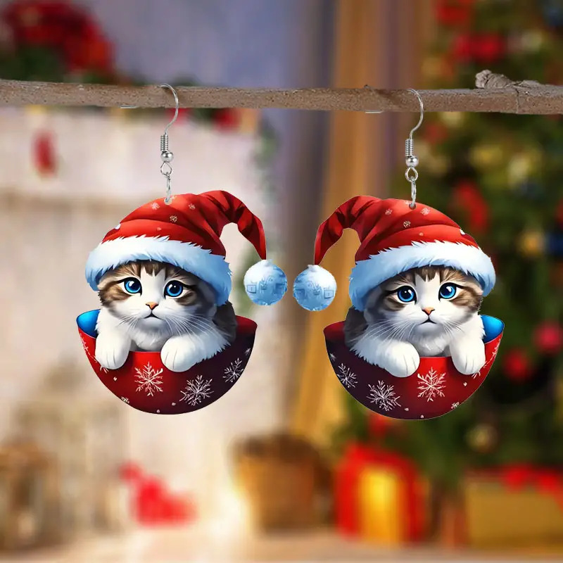 Red jewelry,Animal Print jewelry,Christmas Red Kitten Acrylic Snowflake Earrings