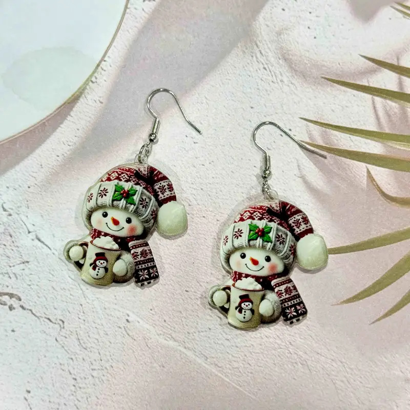 Wine Red jewelry,Christmas Snowman Wine Red Acrylic Earrings