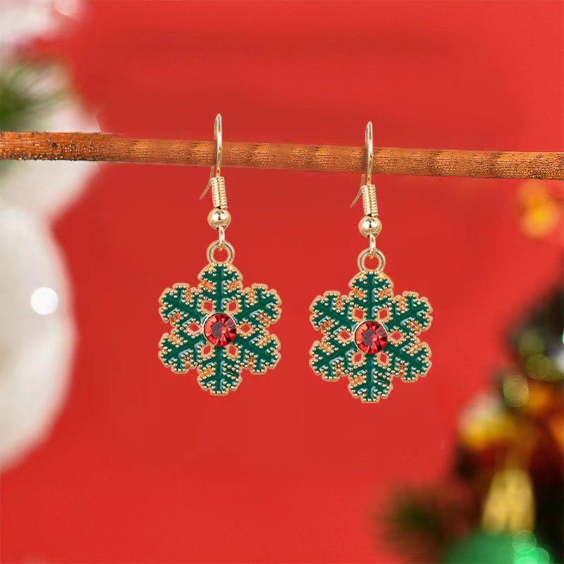 Green jewelry,Geometric jewelry,Christmas Snowflake Design Green Alloy Earrings