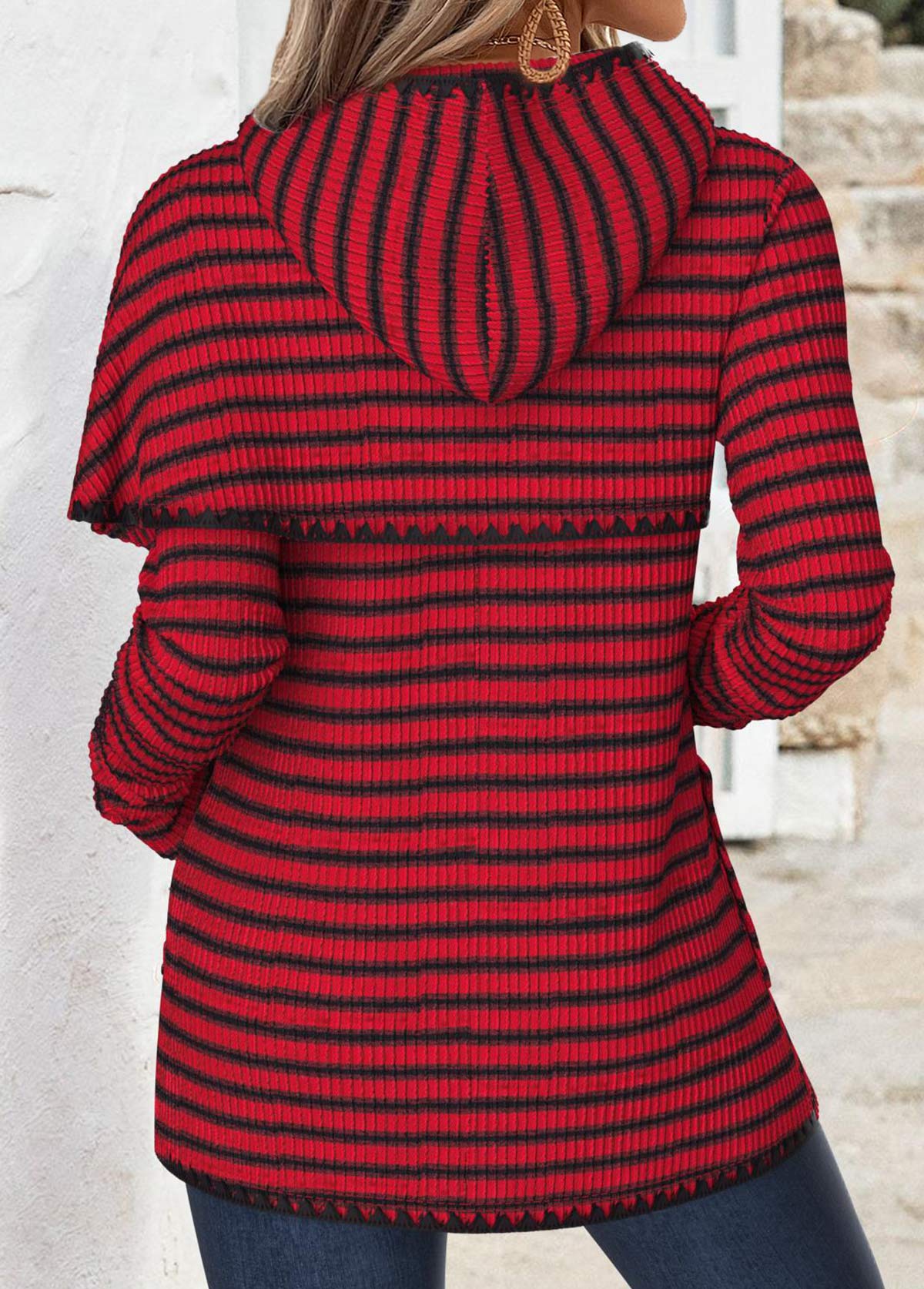 Wine Red tops,Striped tops,Geometric tops,ROTITA Tummy Coverage Striped Wine Red Long Sleeve Hoodie