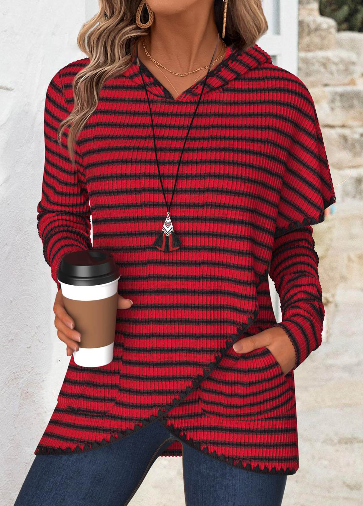 Wine Red tops,Striped tops,Geometric tops,ROTITA Tummy Coverage Striped Wine Red Long Sleeve Hoodie