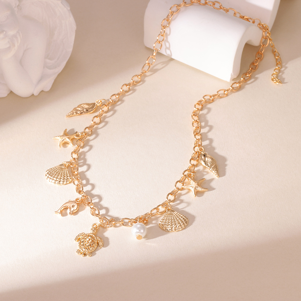 Golden jewelry,Animal Print jewelry,Shell Pearl Golden Starfish Alloy Necklace