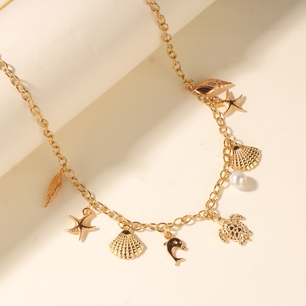 Golden jewelry,Animal Print jewelry,Shell Pearl Golden Starfish Alloy Necklace