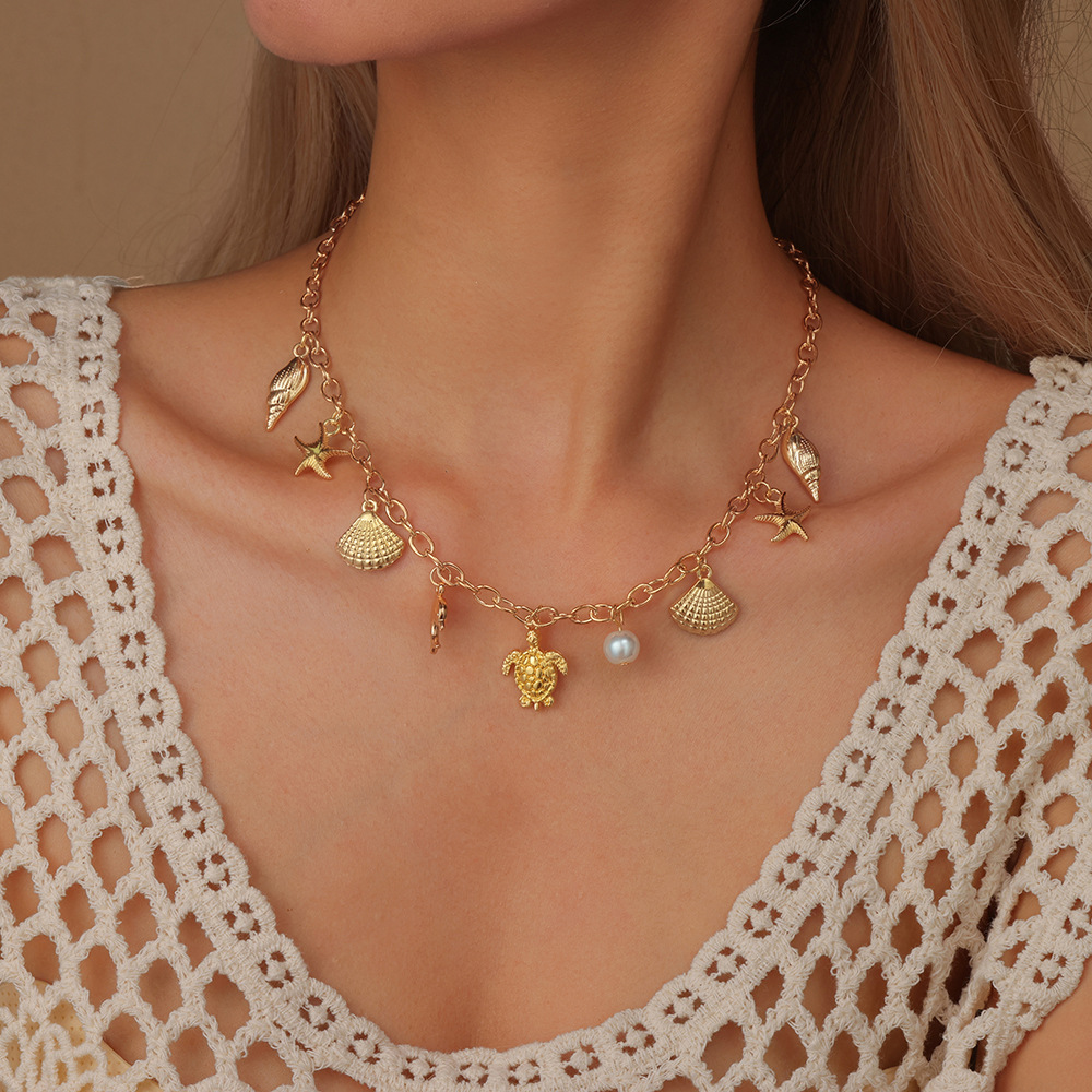 Golden jewelry,Animal Print jewelry,Shell Pearl Golden Starfish Alloy Necklace