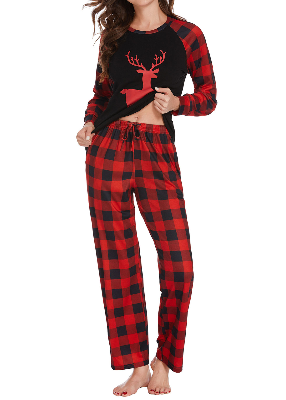 Red loungewear,Plaid loungewear,Geometric loungewear,Christmas Plaid Red Round Neck Lounge Top and Pants
