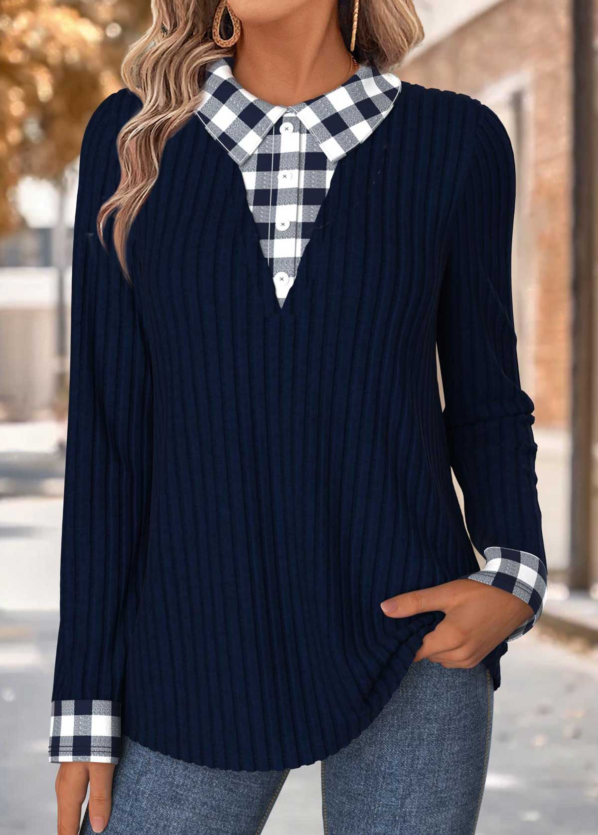 Navy tops,Plaid tops,Geometric tops,ROTITA Tummy Coverage Plaid Navy Fake Two Piece Twinset
