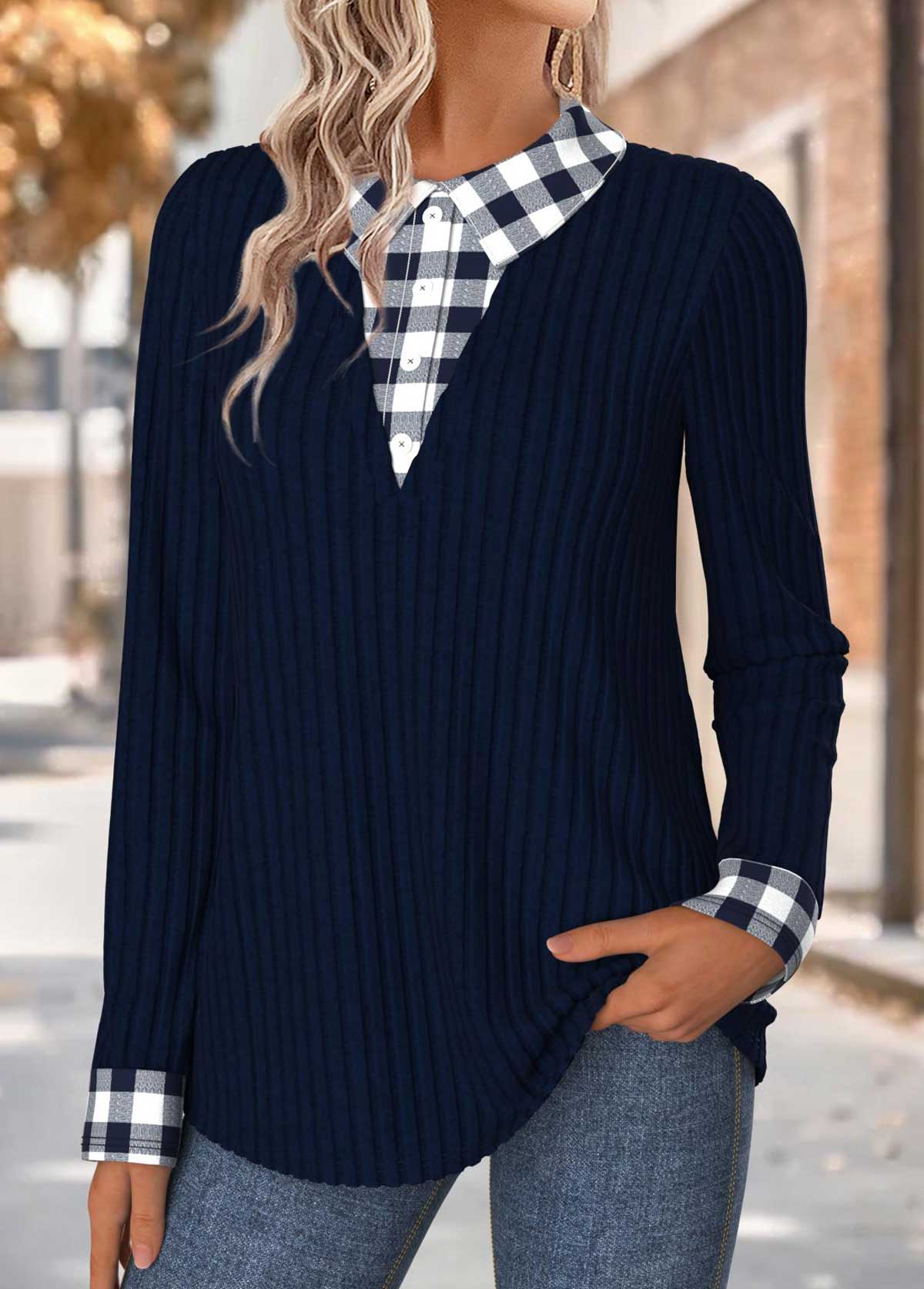 Navy tops,Plaid tops,Geometric tops,ROTITA Tummy Coverage Plaid Navy Fake Two Piece Twinset