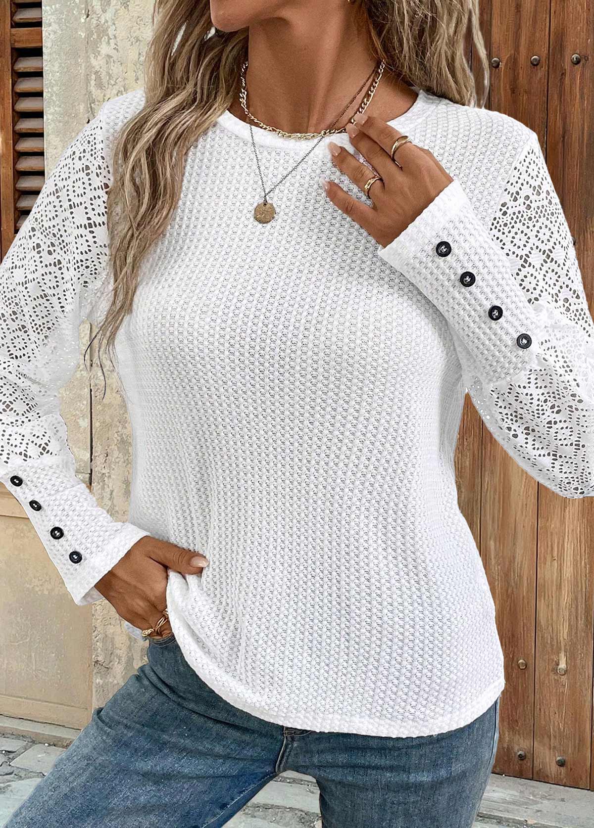 White tops,Plain Color tops,ROTITA Patchwork White Round Neck Long Sleeve T Shirt