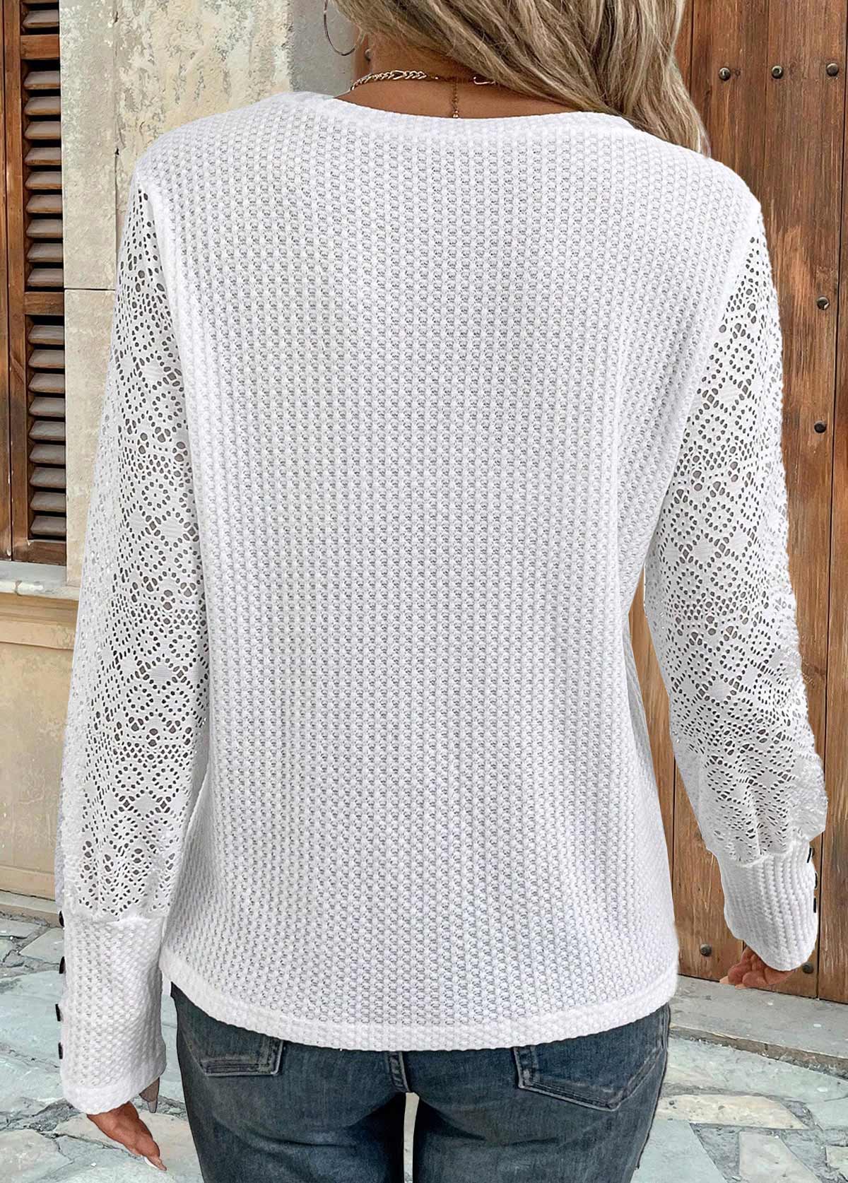 White tops,Plain Color tops,ROTITA Patchwork White Round Neck Long Sleeve T Shirt
