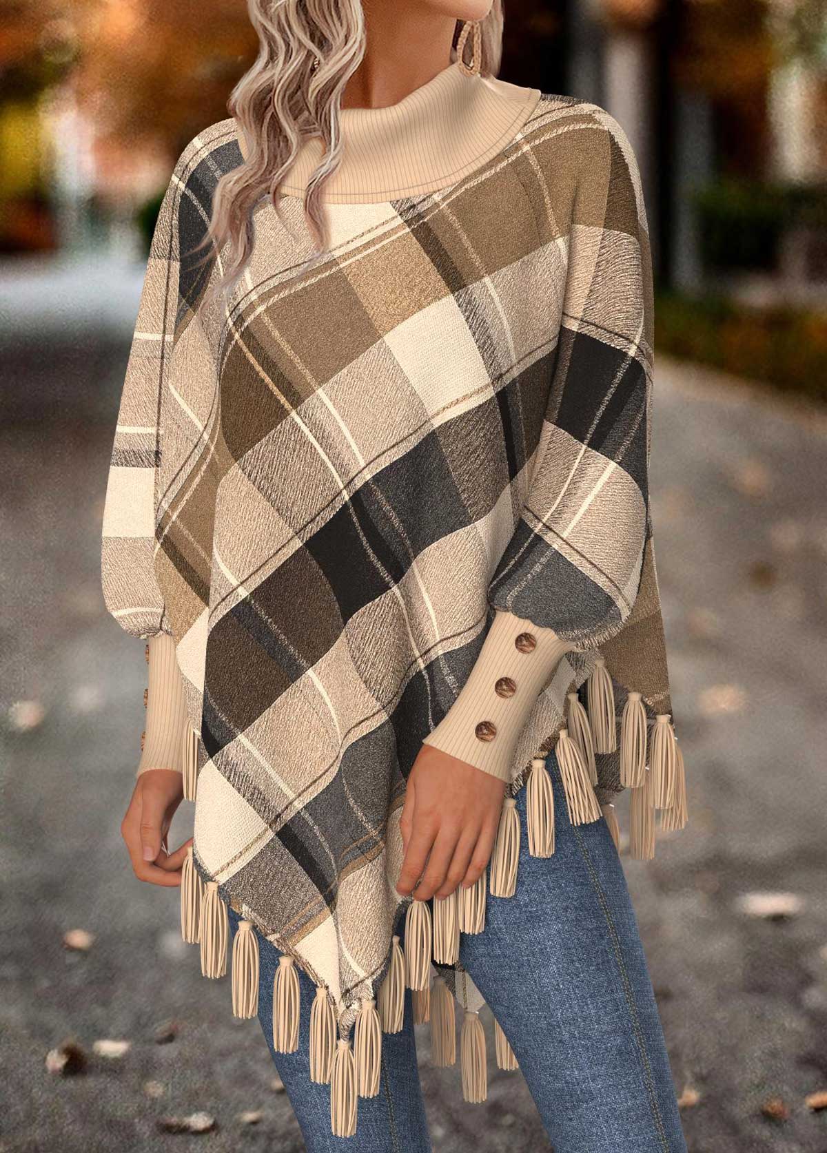 Light Camel tops,Plaid tops,Geometric tops,ROTITA Tummy Coverage Plaid Light Camel Long Sleeve Sweatshirt