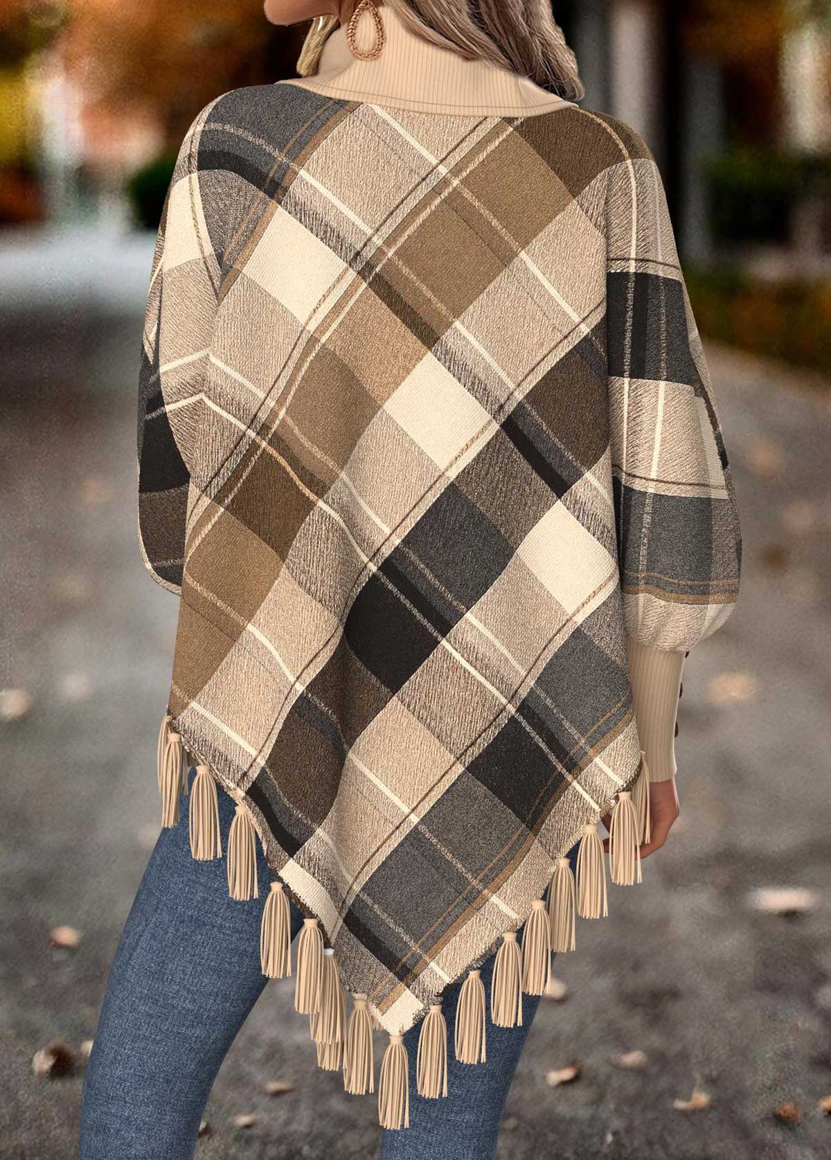 Light Camel tops,Plaid tops,Geometric tops,ROTITA Tummy Coverage Plaid Light Camel Long Sleeve Sweatshirt
