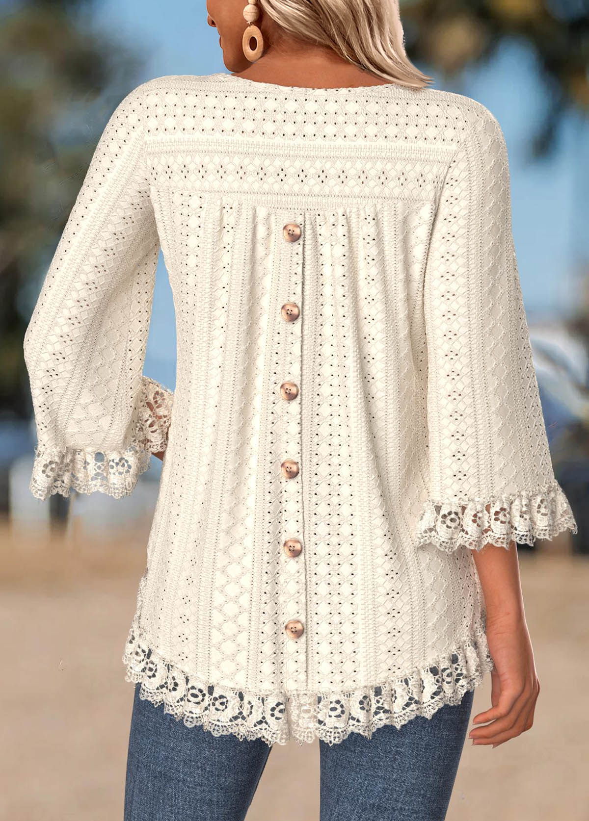 Beige tops,Plain Color tops,ROTITA Tummy Coverage Beige Round Neck 3/4 Sleeve T Shirt