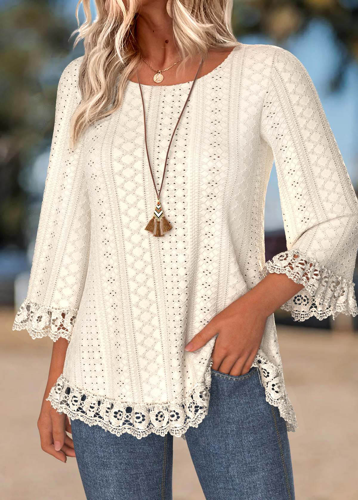 Beige tops,Plain Color tops,ROTITA Tummy Coverage Beige Round Neck 3/4 Sleeve T Shirt