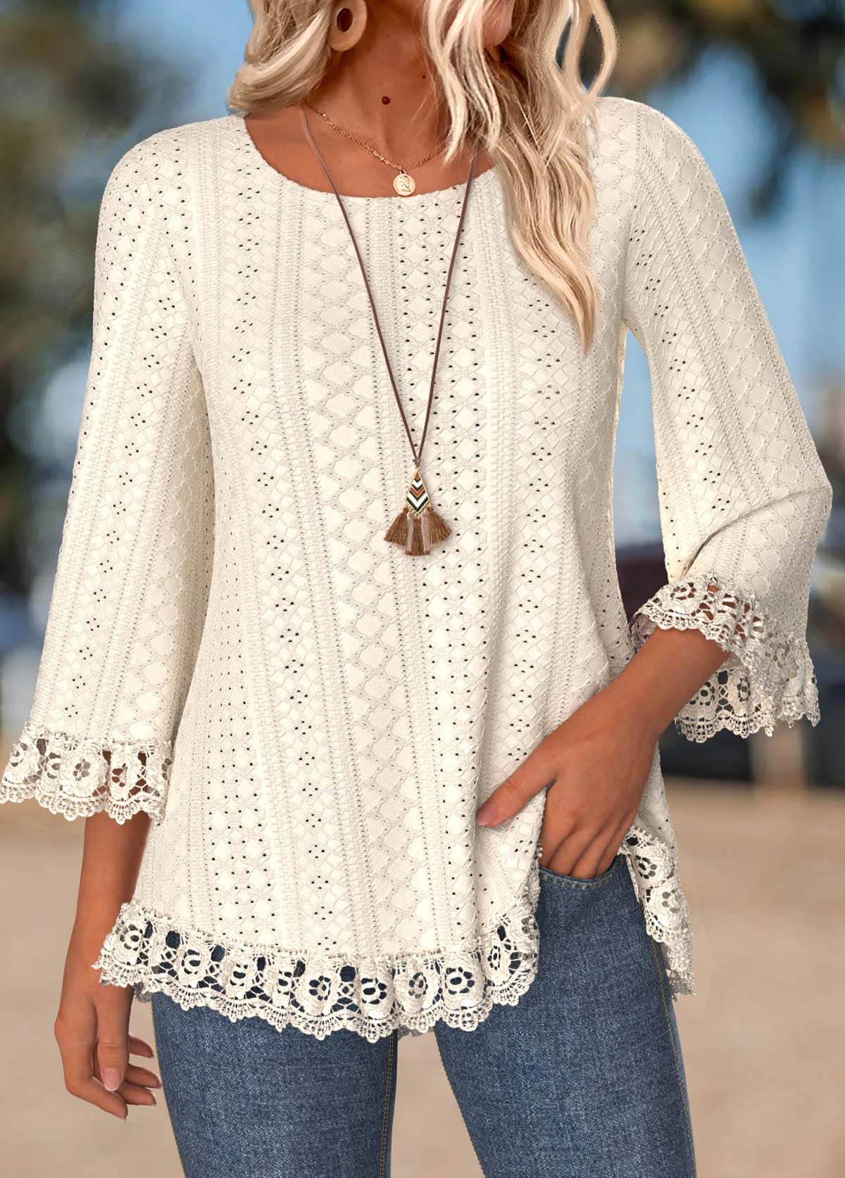 Beige tops,Plain Color tops,ROTITA Tummy Coverage Beige Round Neck 3/4 Sleeve T Shirt