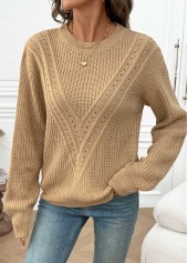 Light Camel tops,Plain Color tops,Tummy Coverage Light Camel Round Neck Long Sleeve Sweater