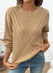Light Camel tops,Plain Color tops,Tummy Coverage Light Camel Round Neck Long Sleeve Sweater