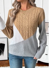 Dark Camel tops,Contrast Color tops,Tummy Coverage Dark Camel Round Neck Long Sleeve Sweater