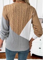 Dark Camel tops,Contrast Color tops,Tummy Coverage Dark Camel Round Neck Long Sleeve Sweater