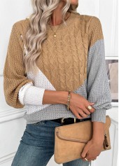 Dark Camel tops,Contrast Color tops,Tummy Coverage Dark Camel Round Neck Long Sleeve Sweater