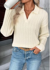 Beige tops,Plain Color tops,Beige Turn Down Collar Long Sleeve Sweater