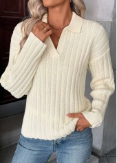 Beige tops,Plain Color tops,Beige Turn Down Collar Long Sleeve Sweater