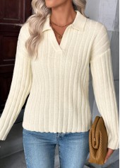 Beige tops,Plain Color tops,Beige Turn Down Collar Long Sleeve Sweater