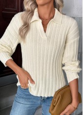 Beige tops,Plain Color tops,Beige Turn Down Collar Long Sleeve Sweater