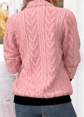 Pink tops,Plain Color tops,ROTITA Tummy Coverage Pink Turn Down Collar Long Sleeve Sweatshirt