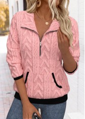 Pink tops,Plain Color tops,ROTITA Tummy Coverage Pink Turn Down Collar Long Sleeve Sweatshirt